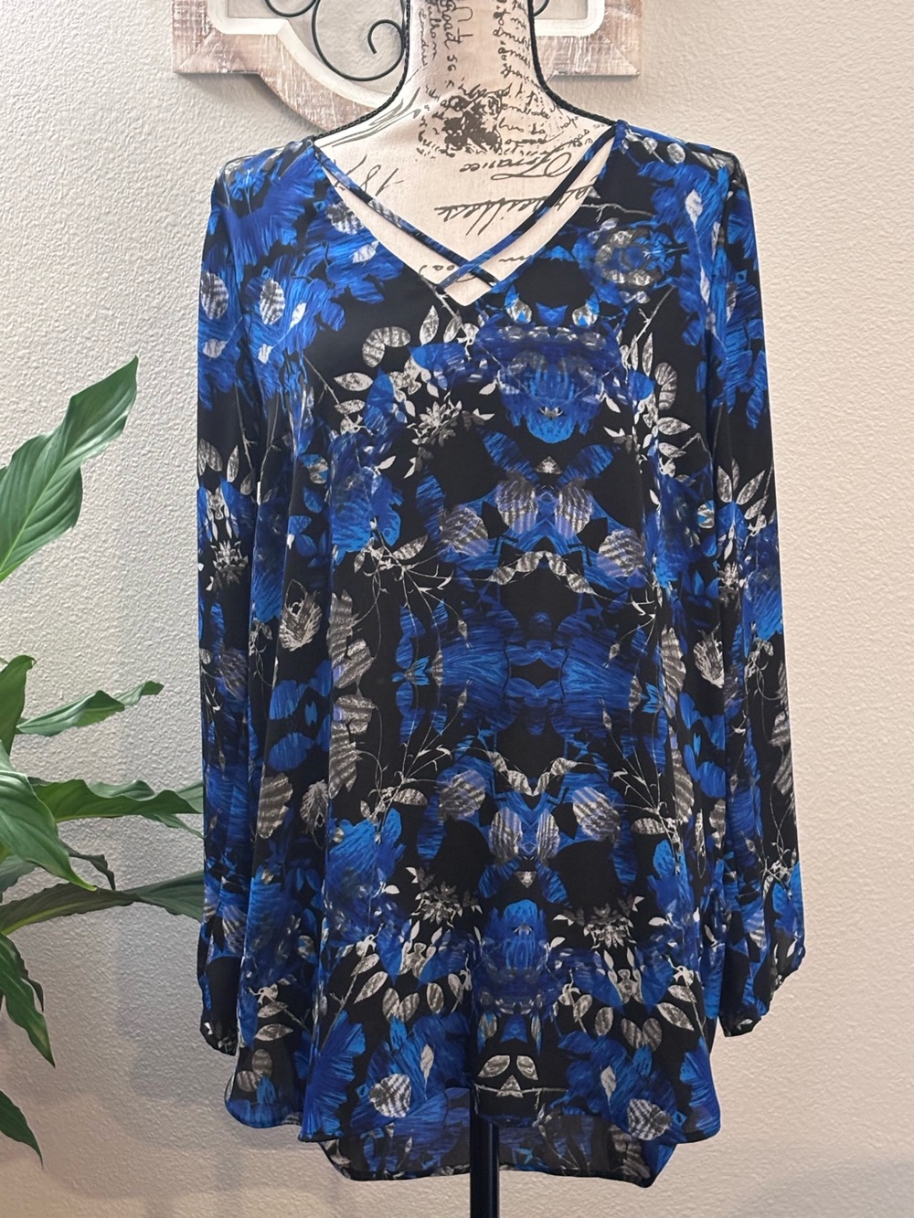 Express Blue and Black Floral Crisscross V-Neck Long Sleeve Top